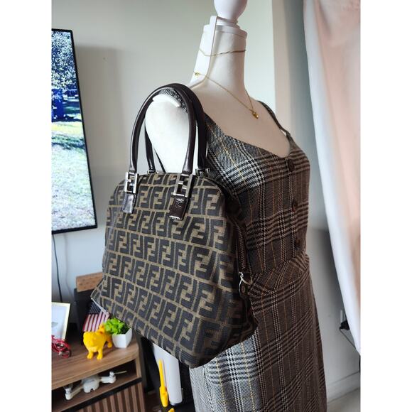 Fendi Zucca Canvas Dome Satchel Handbag Brown Leather Trim FF Silver Hardware - Picture 3 of 16